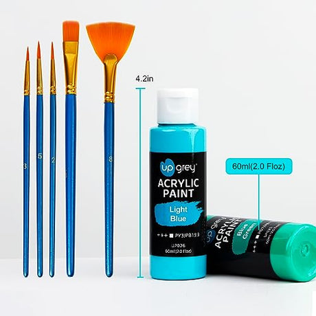 Acrylic Paint Set, Art Paints (2fl Oz/60ml ) Crafts Acrylic Paint For Kids And Adults with 5 Brushes, Non Toxic Metallic Acrylic Paints for Wood UPGREY