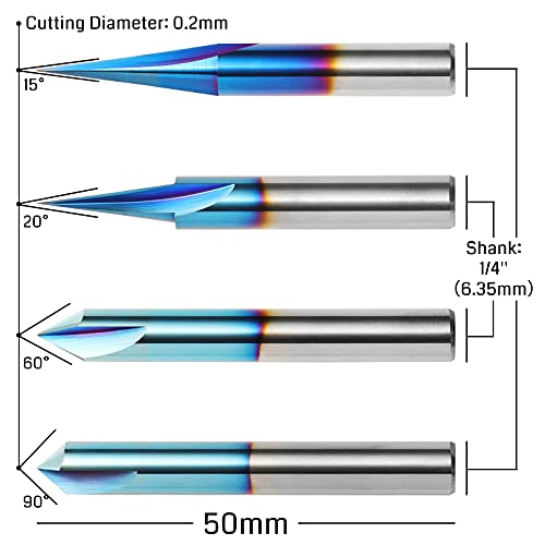 Genmitsu CNC Wood Carving Router Bits Set, 1/4'' Shank, 4 PCS, 15° Detail Carving Liner+ 20° Profile bit+ 60° & 90° V Groove, WC04A Genmitsu