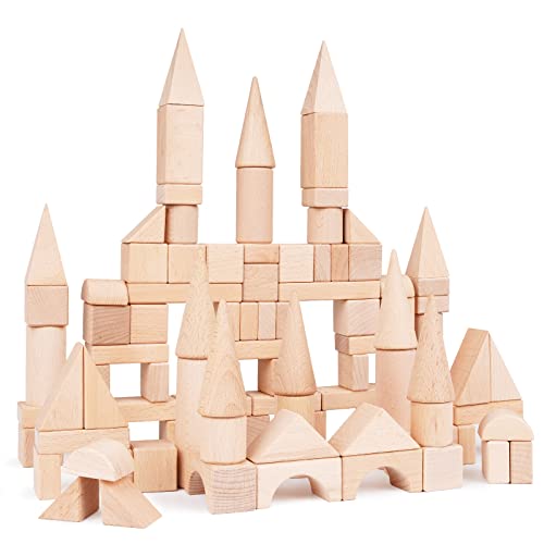 GenJuw 100Pcs Wooden Building Blocks Set- Wood Stacker Stacking Blocks Game Toys for Toddlers, Multiple Shapes, Toddles Blocks- Baby Wooden Blocks - WoodArtSupply