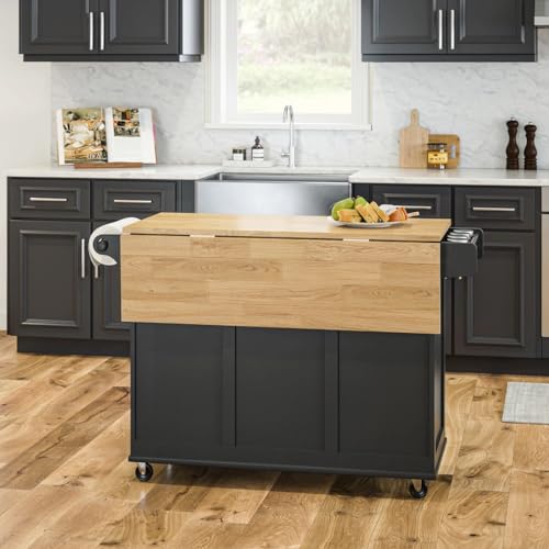 Homestyles Dolly Madison Kitchen Cart with Wood Top and Drop Leaf Breakfast Bar, Rolling Mobile Kitchen Island with Storage and Towel Rack, 54 Inch - WoodArtSupply