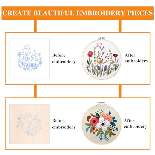 Pengxiaomei 4 Pack Flower Embroidery Kit for Beginners with Pattern and Instructions, Cross Stitch Kits Include 2 Wooden Embroidery Hoops Color Pengxiaomei