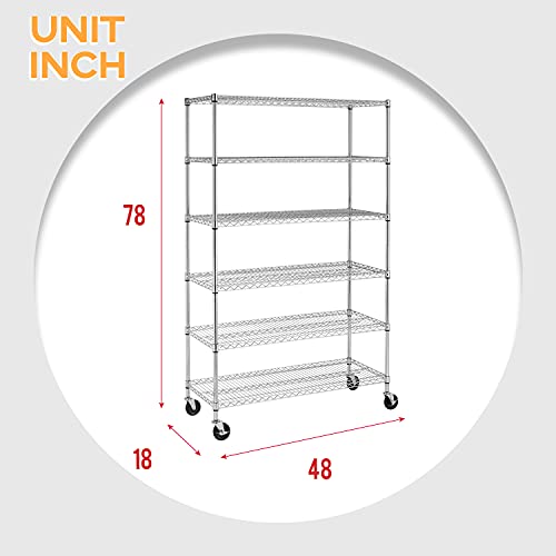 BestOffice 18x48x72 Wire Shelving with Commercial Wheels 6-Shelf Adjustable Heavy Duty Storage Shelves Metal Shelves Storage Unit Shelf,6000 LBS BestOffice