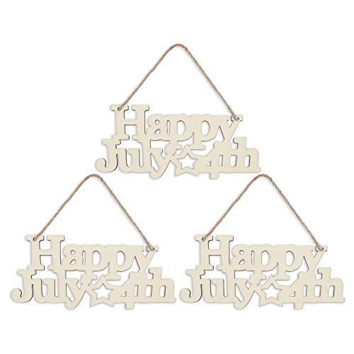 3pcs Happy 4th of July Letter Wood Sign American Star Patriotic Hanging Wooden Plaque DIY Craft Project with Ropes for Memorial Day Veterans Day JANOU
