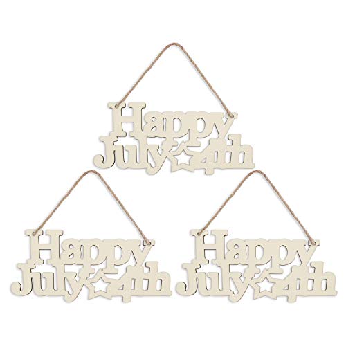 3pcs Happy 4th of July Letter Wood Sign American Star Patriotic Hanging Wooden Plaque DIY Craft Project with Ropes for Memorial Day Veterans Day