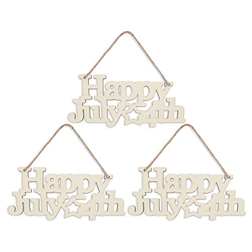 3pcs Happy 4th of July Letter Wood Sign American Star Patriotic Hanging Wooden Plaque DIY Craft Project with Ropes for Memorial Day Veterans Day - WoodArtSupply