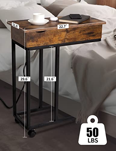 SUMGAR C Shaped End Table for Couch, Narrow Rustic Tall Slim Thin Skinny Side Table with Charging Station Storage for Living Room Bedroom Sofa