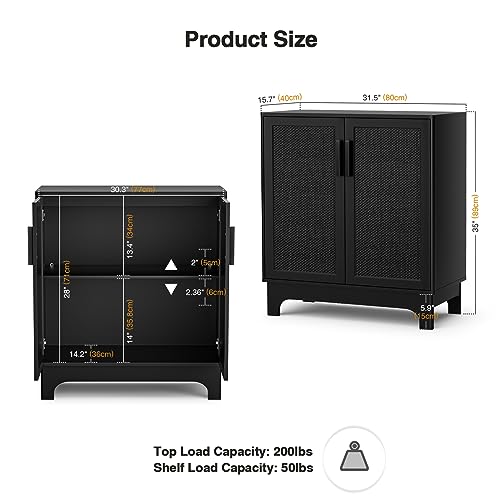 Anmytek Black Rattan Cabinet, Natural Rattan Storage Cabinet with 2 Doors Adjustable Shelf Large Space Entryway Hallway Cabinet Sideboard Buffet for Anmytek