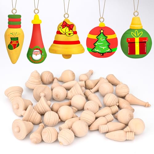 Mathtoxyz 25PCS Wooden Bells and Ball for Christmas Tree Decorations, Natural Unfinished Wood Ornament with Hanging String for Party Decor Arts Craft