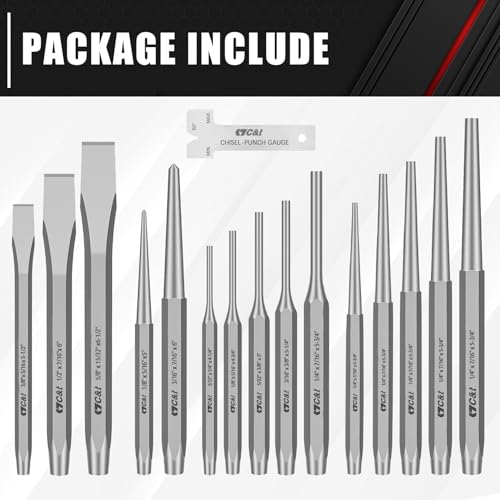 C&T 16-Piece Punch and Chisel Set with Storage Pouch, Including Taper Punch, Cold Chisels, Pin Punch, Center Punch, Chrome Vanadium Steel C&T