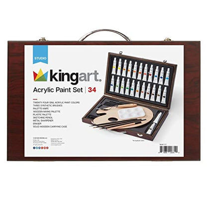 KINGART Studio Acrylic Painting Set, Espresso Wood Case, Set of 34 PC - WoodArtSupply