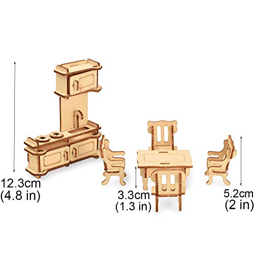 BOHS 34-Piece Dollhouse Furniture Set - Laser Cut Wooden 3D Puzzles - Miniature Doll House DIY Models and Accessories BOHS
