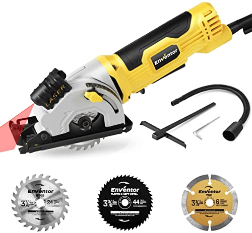 Mini Circular Saw, ENVENTOR 4.8A Electric Circular Saw Corded with Laser Guide, 4000RPM, 3 Saw Blades 3-3/8" Max Cutting Depth 1-1/16", Compact Hand Enventor