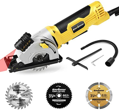 Mini Circular Saw, ENVENTOR 4.8A Electric Circular Saw Corded with Laser Guide, 4000RPM, 3 Saw Blades 3-3/8" Max Cutting Depth 1-1/16", Compact Hand