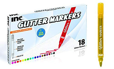 Inc. Multicolor Glitter Markers - 18 Assorted Colors, Sparkly Non-Toxic Water-Based Marker Set, Bullet Point Tip for Drawing, Coloring, Doodling, Inc.