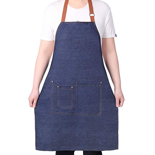 Aprons for Men, Denim Cooking Kitchen Aprons, Adjustable Bib Aprons with multiple pockets for Men and Women - WoodArtSupply