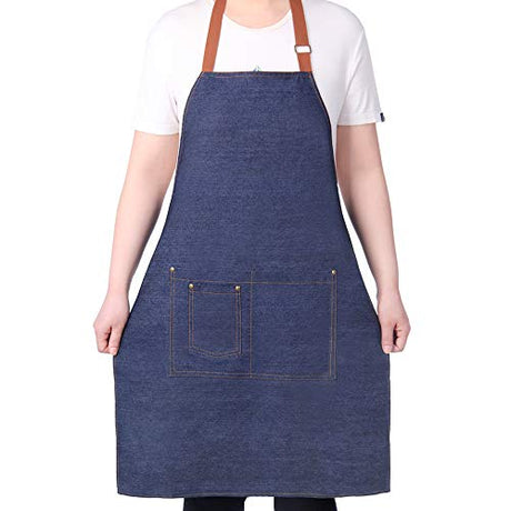 Aprons for Men, Denim Cooking Kitchen Aprons, Adjustable Bib Aprons with multiple pockets for Men and Women Geounzay