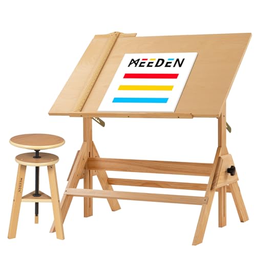 MEEDEN Wood Drafting Table & Stool Set,Artist Stool and Craft Table with Adjustable Height,Tiltable Tabletop for Artwork, Graphic Design, Reading,