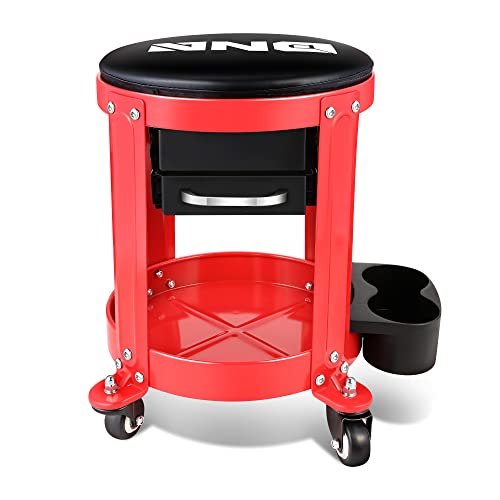 DNA Motoring TOOLS-00197 Round Mechanics Roller Seat Creeper Stool With Padded Cushion, Tool Storage Drawer & Tray, 300 Lbs Max Weight Capacity - WoodArtSupply