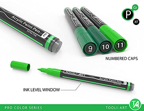 Acrylic Paint Pens 22 Green Tones Assorted Pro Color Series Markers Set 0.7mm Extra Fine Tip for Rock Painting, Glass, Mugs, Wood, Metal, Canvas, DIY TOOLI-ART