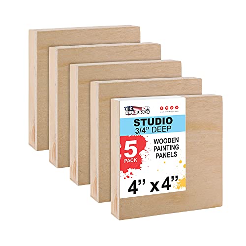 U.S. Art Supply 4" x 4" Birch Wood Paint Pouring Panel Boards, Studio 3/4" Deep Cradle (Pack of 5) - Artist Wooden Wall Canvases - Painting
