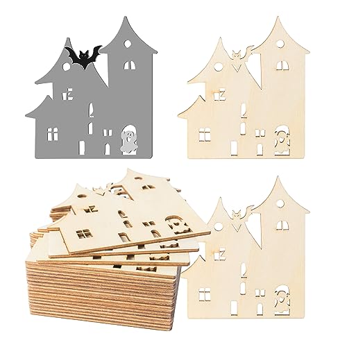 Halloween Blank Spook House Wood Haunted House Wood Ghost Wooden with Twines Art Unfinished Ornaments for Christmas Wedding Birthday Party Halloween