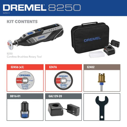 Dremel 8250 12V Lithium-Ion Variable Speed Cordless Rotary Tool with Brushless Motor, 5 Rotary Tool Accessories, 3Ah Battery, Charger, and Tool Bag
