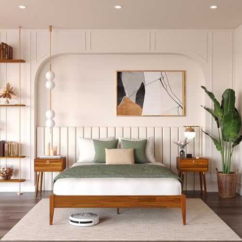 Bme Dinkee Solid Wood Queen Bed Frame - Modern Minimalist Design with Wood Slat Support Bme