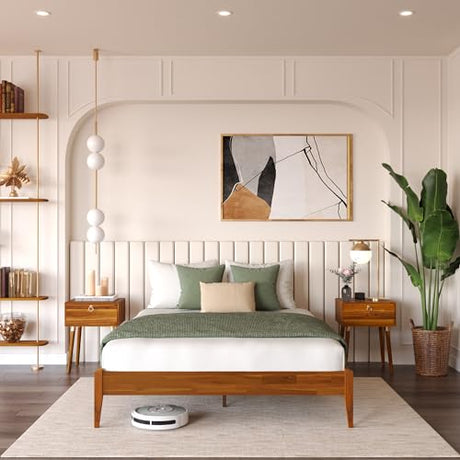 Bme Dinkee Solid Wood Queen Bed Frame - Modern Minimalist Design with Wood Slat Support Bme
