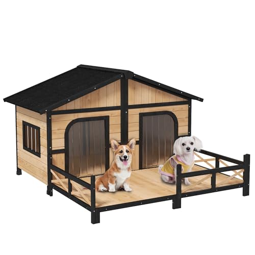 PawHut Wooden Large Dog House Outdoor Double XL Dog Kennel with Elevated Floor and Porch, Weatherproof Puppy Shelter for Small and Medium Breed Dogs,