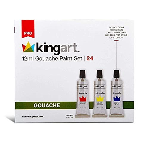 KINGART 534-24 PRO GOUACHE Paint Set, Set of 24 Unique Colors, 12ml Tubes, Non-toxic, water-based paints KINGART
