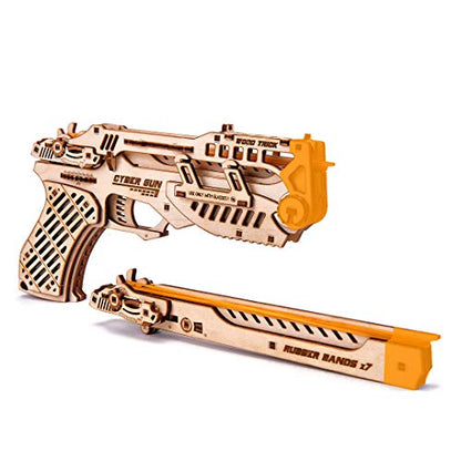 Wood Trick Cyber Gun 3D Wooden Puzzle - Rubber Band Gun Pistol - Shoots up to 20 feet - Wood Model Kit for Adults and Kids to Build - 14+ - WoodArtSupply