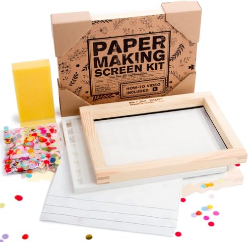 Waterproof Paper Making Screen Kit to Craft Your Own Handmade A5 Paper: Wood Deckle, Mesh Screen, Plastic Grid, Confetti, Sponge, 4 Couch Felts & Su Jae Paper