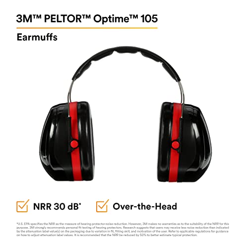 3M H10A Peltor Optime 105 Over the Head Earmuff, Ear Protectors, Hearing Protection, NRR 30 dB,Black, Red - WoodArtSupply