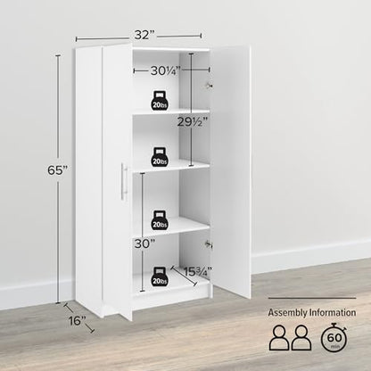 Prepac Elite 32" Storage Cabinet, White Storage Cabinet, Bathroom Cabinet, Pantry Cabinet with 3 Shelves 16" D x 32" W x 65" H, WES-3264