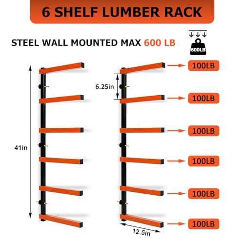 ECOTRIC 6 Levels Shelf Lumber Rack Lumber Storage Rack Lumber Organizer Wood Organizer Steel Wall Mounted Max 600 Lb (1 Pack)