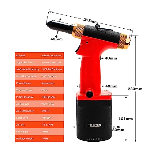 TOJIZEN Pneumatic Pop Rivet Gun Kit, Air Riveter Tool Set for 3/32, 1/8, 5/32, 3/16 Inch Aluminum/Iron/Stainless Steel Rivets - Professional Riveting - WoodArtSupply