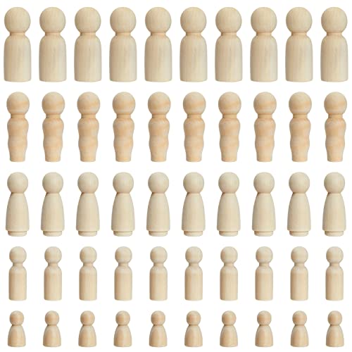 Juvale Set of 50 Unfinished Wood Peg Dolls Family, Wooden People for Crafts, Dollhouse Figures (5 Sizes)