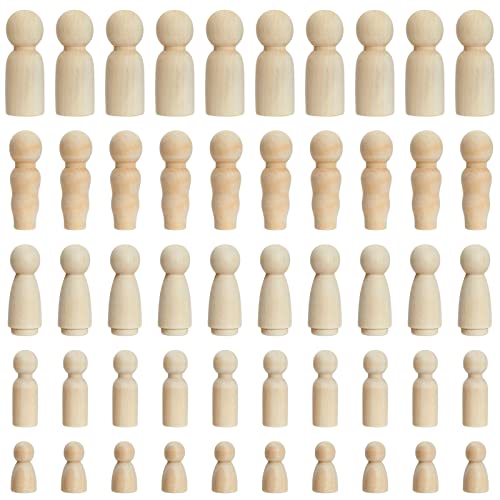 Juvale Set of 50 Unfinished Wood Peg Dolls Family, Wooden People for Crafts, Dollhouse Figures (5 Sizes) - WoodArtSupply