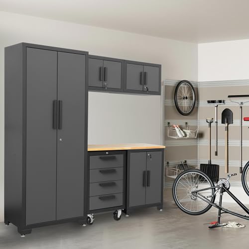 Torin AGP0112B Garage Cabinet Storage System with Lockers,Shelves and Wood Workbench, 76.8" L×18.5" W×75.79" H, Black/Grey Torin