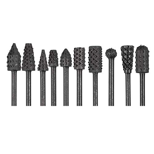 Eyech 10pc 1/8''(3mm) Shank Carbon Steel Rotary Burr Rasp Set Wood Carving File Rasp Drill Bits for DIY Woodworking Wood Carving Polishing Grinding Eyech