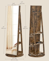 SONGMICS 6 LEDs Lockable Mirror Jewelry Cabinet, 360° Swivel Jewelry Organizer, Standing Jewelry Armoire, Frameless Full-Length Mirror, 3 Storage SONGMICS