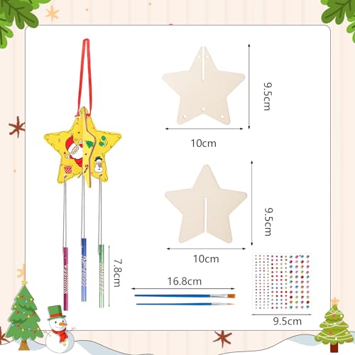MEZOOM 8pcs Christmas Wooden Windchimes for Kid, Make Your Own 3D Star Wind Chimes Star Hanging Decoration Xmas DIY Art Craft for Christmas Winter MEZOOM