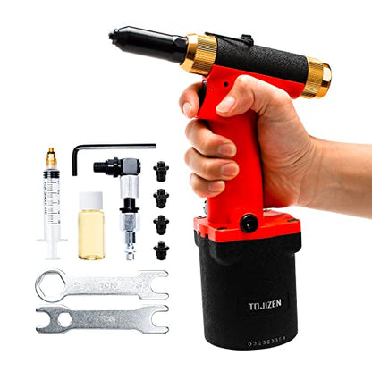 TOJIZEN Pneumatic Pop Rivet Gun Kit, Air Riveter Tool Set for 3/32, 1/8, 5/32, 3/16 Inch Aluminum/Iron/Stainless Steel Rivets - Professional Riveting - WoodArtSupply