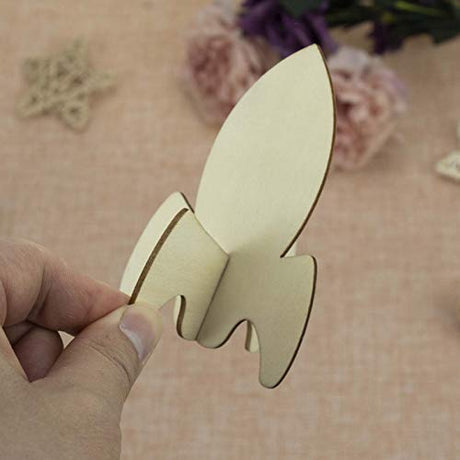JANOU 12 Sets Rocket 3D Wood Tabletop Cutouts Unfinished Wooden Stand Up DIY Craft for Outer Space Birthday Baby Shower Decoration JANOU