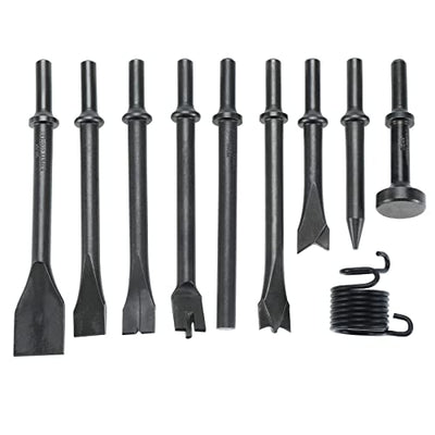 YaeTek 10 Pcs Air Hammer Pneumatic Chisels Tools including 9pcs 0.401'' Shank Smoothing Pneumatic Air Hammer Chisels Bits and High Carbon Steel