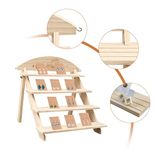 4-Tier Wooden Jewelry Display Rack Wood Earring Display Stand Retail Jewelry Card Display Stand with Groove and 50 Earring Cards Portable Earring