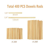 Acrux7 400Pcs Wooden Dowel Rods 1/4 x 6 Inch & 12 Inch Unfinished Dowel Rods Round Wood Sticks Natural Wood Dowels Bulk Dowels Rods for Craft DIY Acrux7