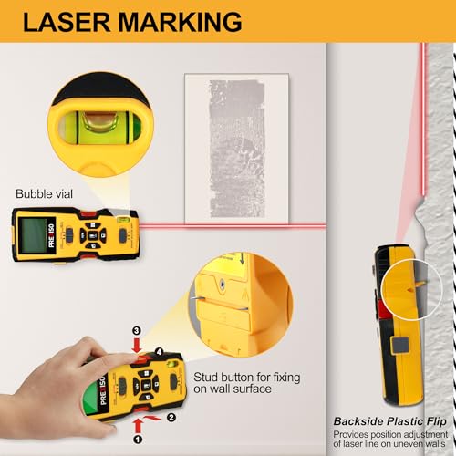 PREXISO 5-in-1 Stud Finder with Laser Level Marking & Ultrasound Distance Measure - Area, Volume, Addition | Wood, AC Wire Detector - Wall Scanner Prexiso