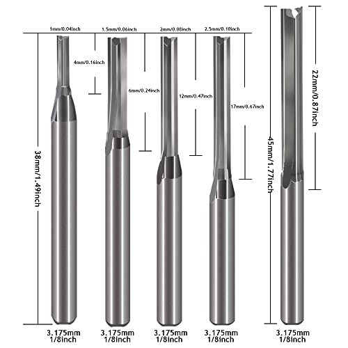 HOZLY 1/8 Inch Straight Router Bits Set (CED 1.0mm 1.5mm 2.0mm 2.5mm 3.175mm )Milling Cutter 2 Flutes Double Edged CNC Cutting Tungsten Steel for - WoodArtSupply