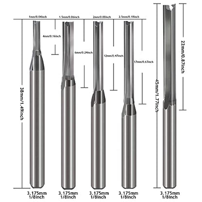 HOZLY 1/8 Inch Straight Router Bits Set (CED 1.0mm 1.5mm 2.0mm 2.5mm 3.175mm )Milling Cutter 2 Flutes Double Edged CNC Cutting Tungsten Steel for - WoodArtSupply